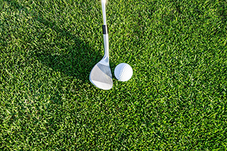 Golf ball and golg club on putting green.