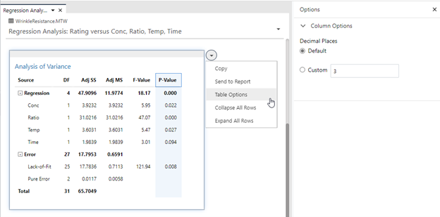 Minitab Statistical Softwareウェブアプリのテーブルオプションのコンテキストメニュー